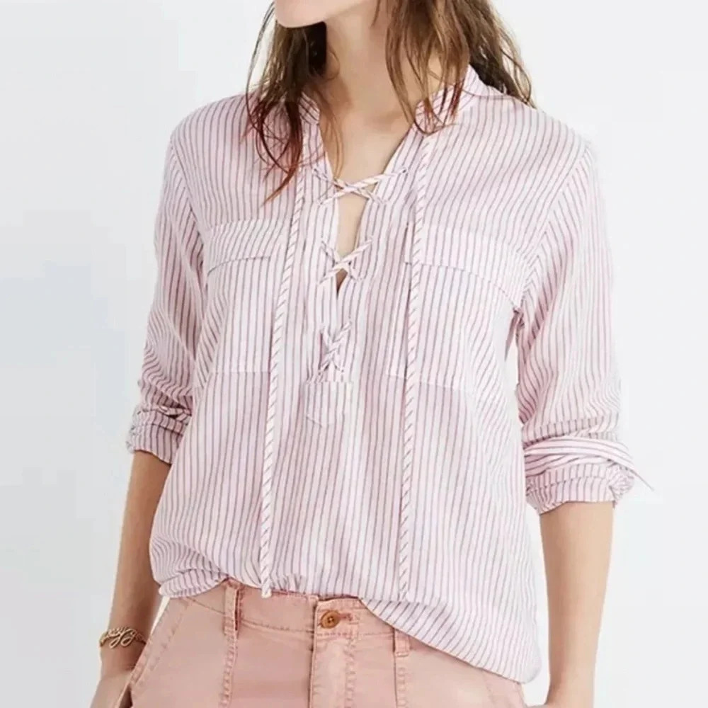Madewell Women’s Pink Seersucker Stripe Shirt Top Women’s Size S long sleeve